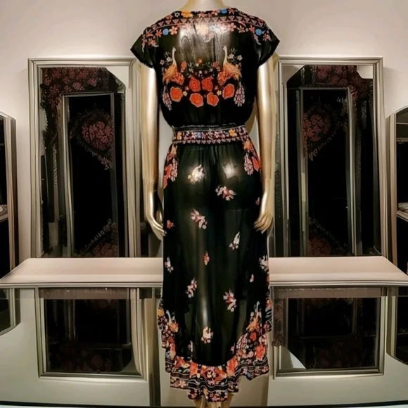 NWOT Floral Shirred Waist Tie Front Ruffle Hem Boho Sheer Dress Sz M - Picture 9 of 16